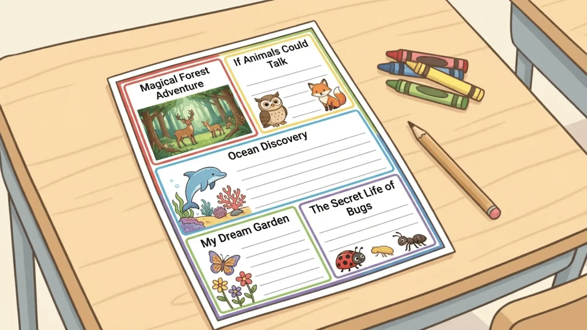 Worksheet with writing prompts on a desk, featuring sections about animals, ocean, bugs, and a dream garden with crayons and a pencil nearby