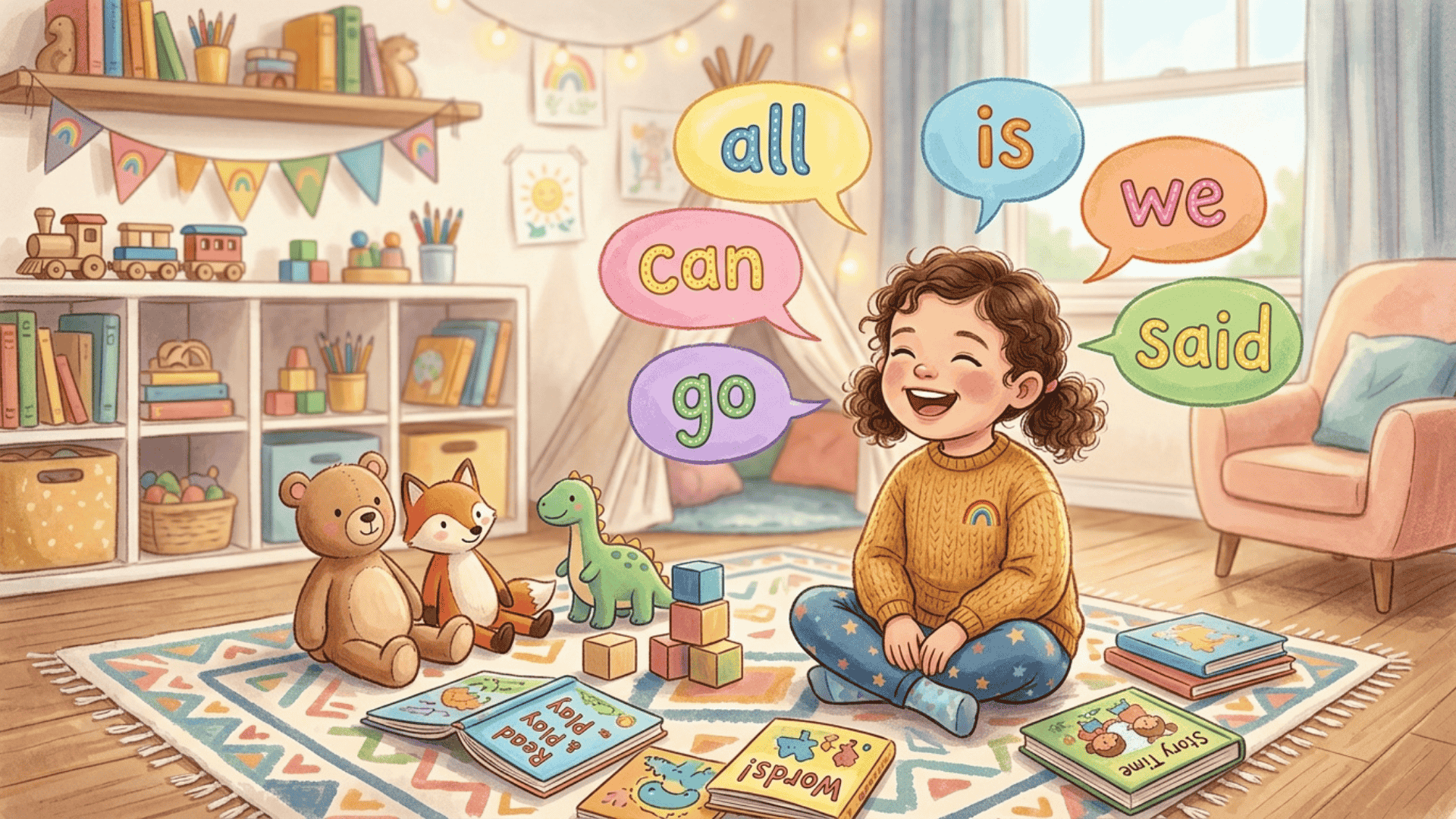 a young child in a playroom with speech bubbles showing different kindergarten sight words like all can go is we and said