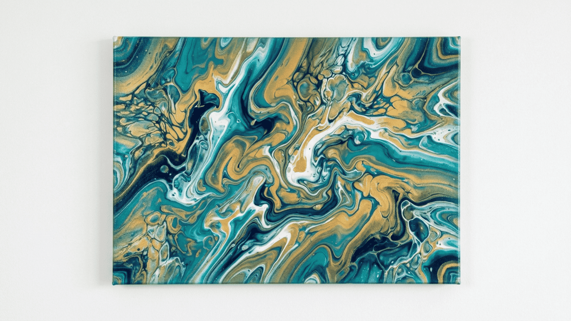 abstract acrylic pour painting on a front facing canvas with swirling teal gold and navy blue flowing patterns
