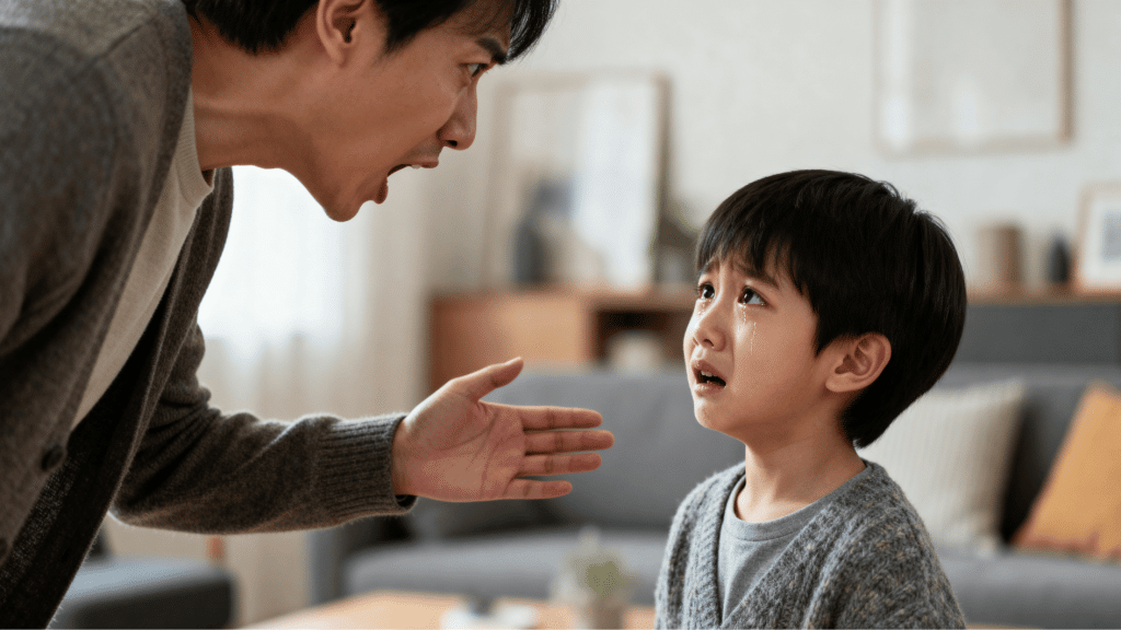 adult yelling at tearful child indoors, showing emotional conflict, distress, and fear during a tense interaction