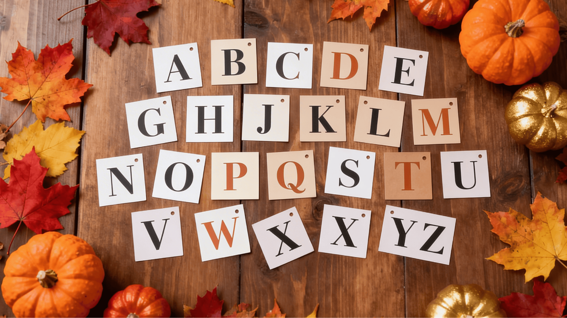 alphabet cards arranged on wooden table with pumpkins and fall leaves, perfect for a thanksgiving word or letter game