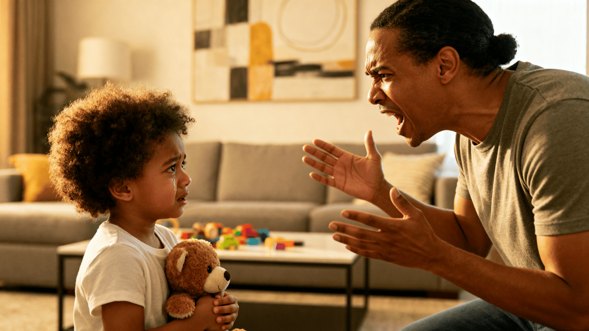 angry adult shouting at crying child holding teddy bear, depicting conflict, fear, and distress in home setting