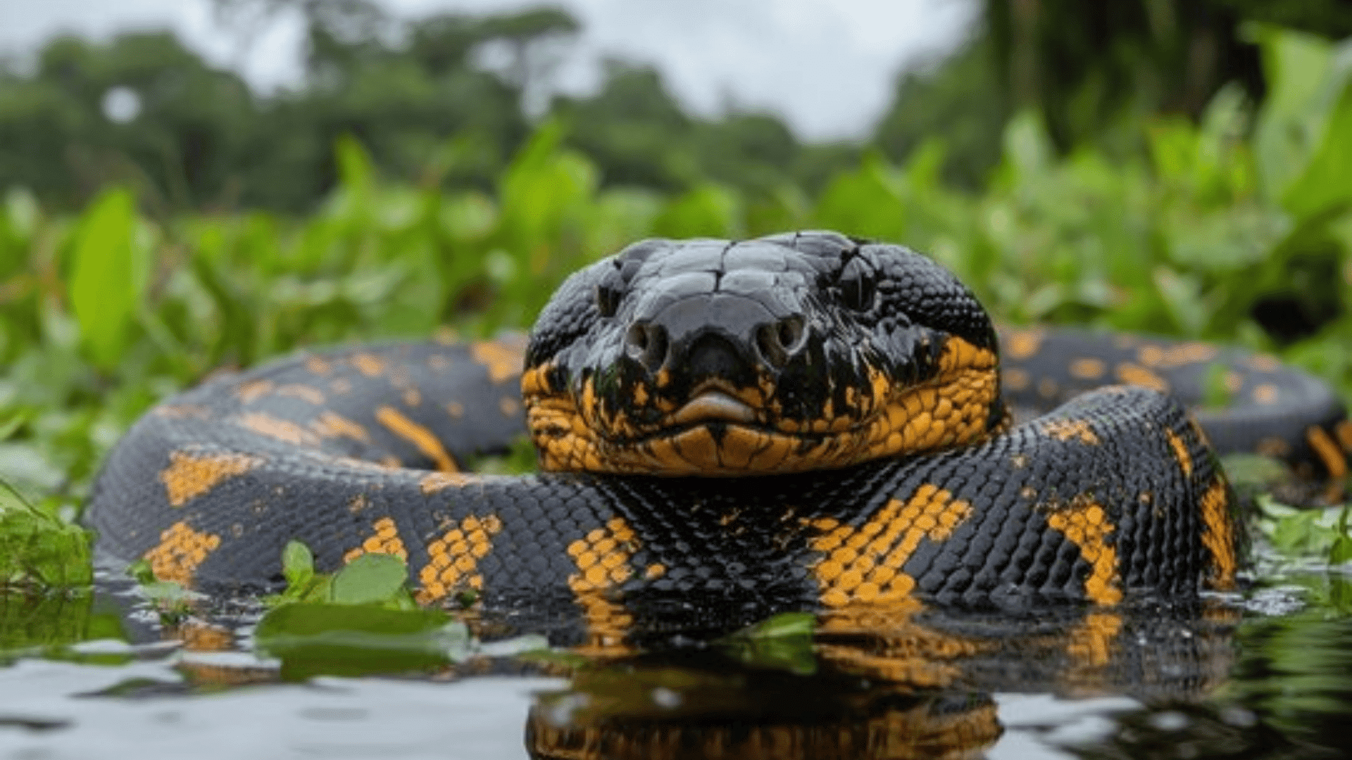 arge black and yellow anaconda snake coiled in shallow water, head raised above surface with blurred green vegetation behind