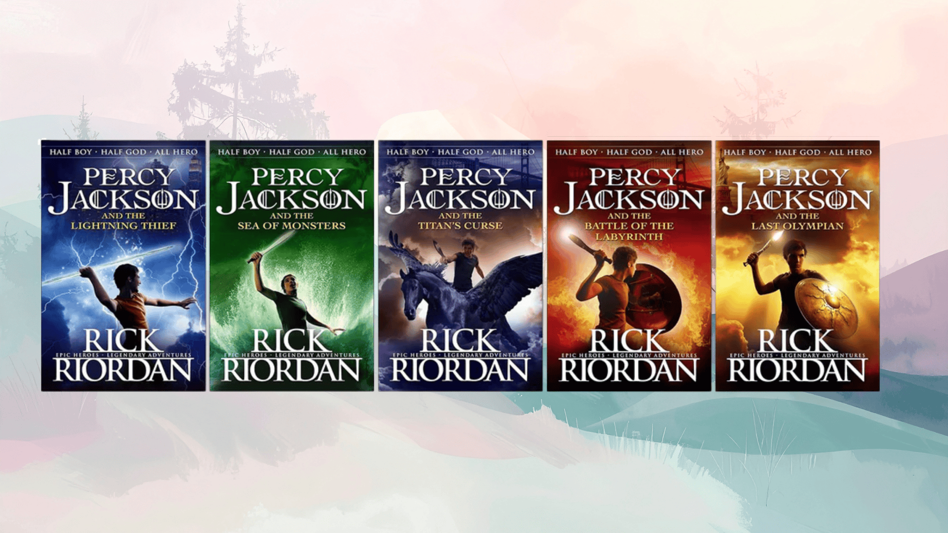 assorted fantasy novels with detailed cover illustrations, representing mythical settings, magical themes, and epic journeys