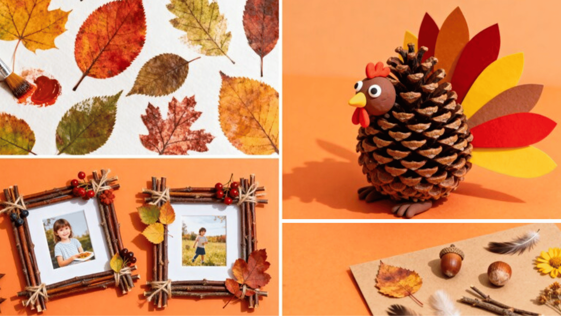 autumn craft ideas using real leaves, pinecones, and twigs to create seasonal decor and handmade picture frames