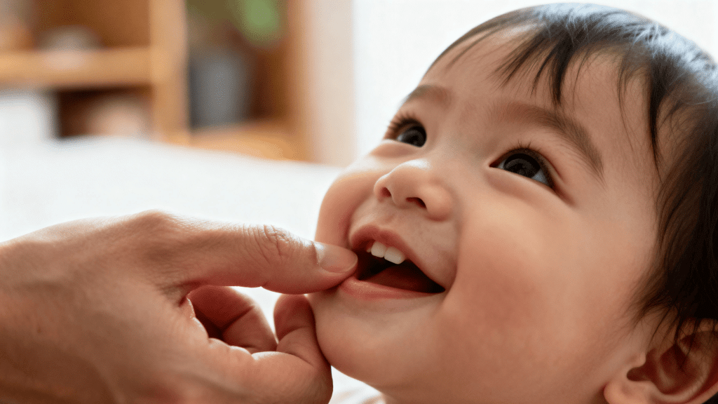 baby smiles while adult gently touches gums, highlighting teething stage and close caregiver interaction at home