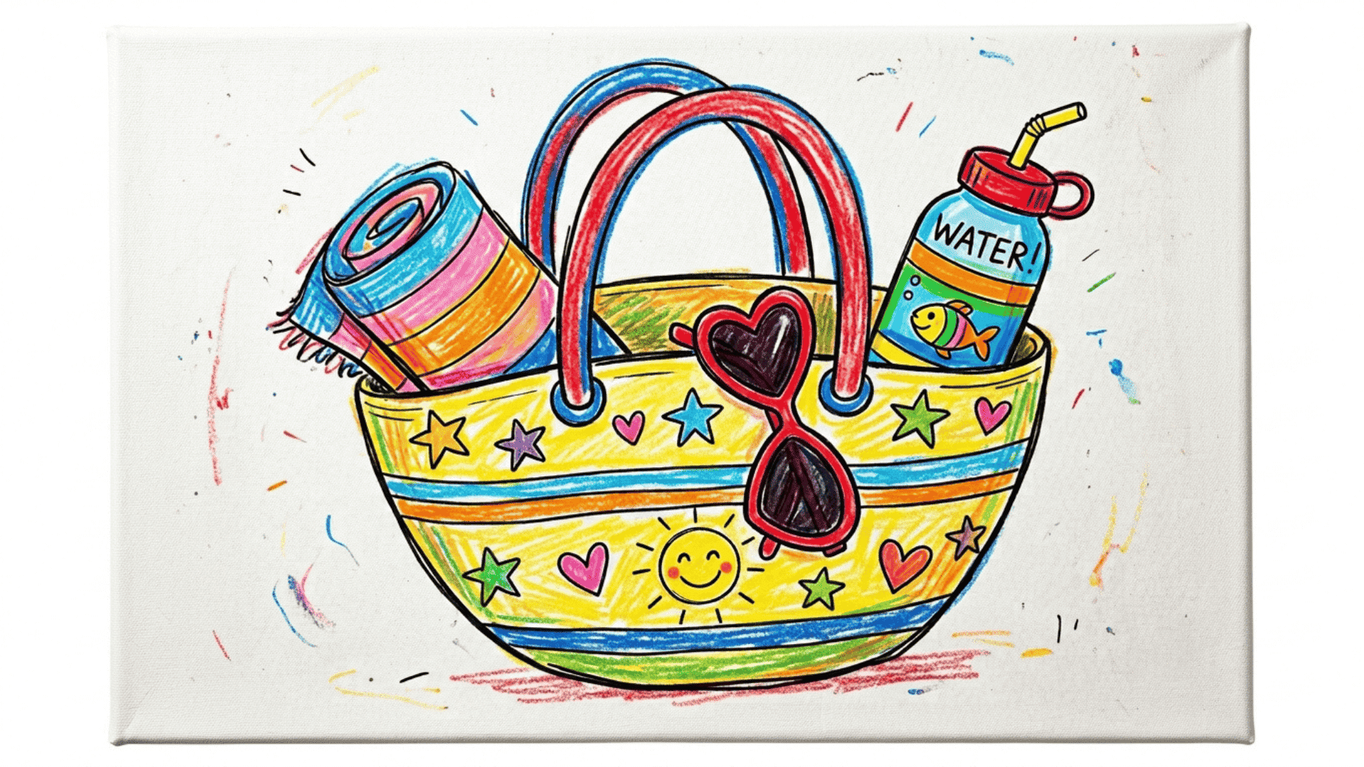 beach bag kids drawing with rolled towel bold sunglasses and bright water bottle peeking out painted on a white canvas for easy beach drawing