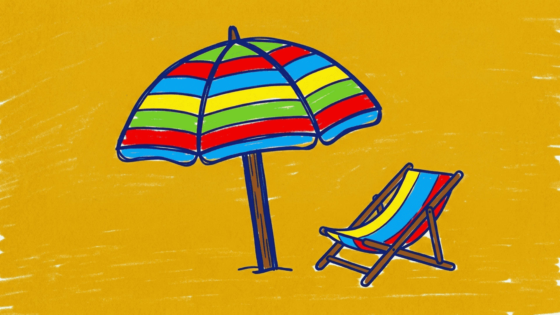 beach umbrella and chair kids drawing with bold stripes flat golden sand and simple chair outline painted on a white canvas for summer art