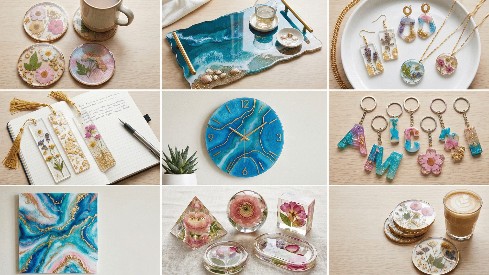 beautiful collage of resin craft ideas including coasters, jewelry, trays, wall art, and decorative pieces arranged in a layout