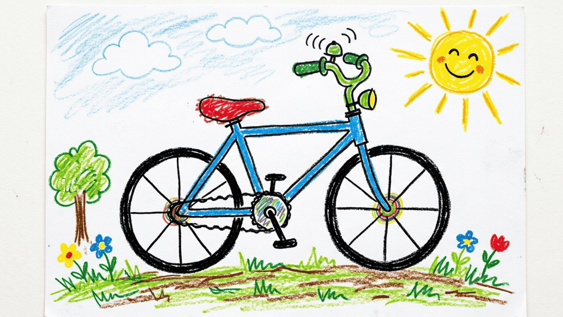 bicycle on sunny road kids drawing with bold wheels basic frame and bright yellow sun painted on a white canvas for summer drawing ideas