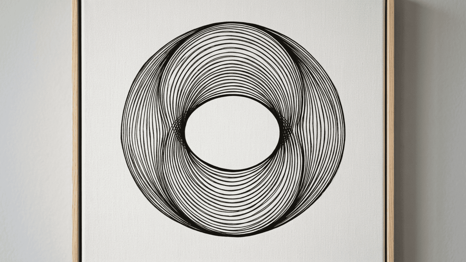 black and white optical illusion line art with curved parallel lines around a center oval creating a 3d effect
