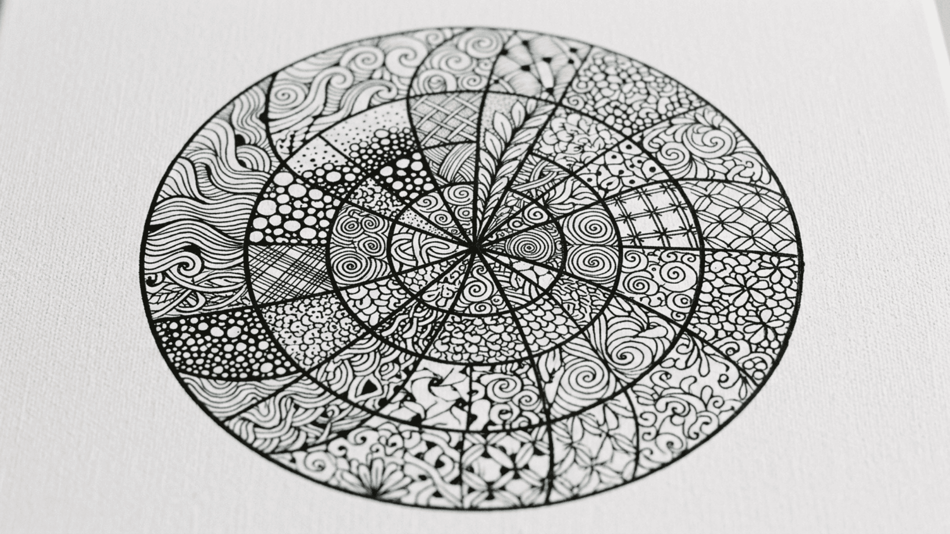 black and white zentangle pattern drawing with intricate repeating designs filling each section of a divided circle
