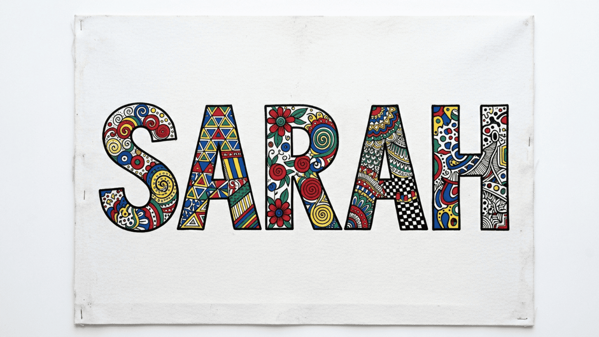 block letter name design filled with colorful patterns and geometric shapes on a white canvas for typography art