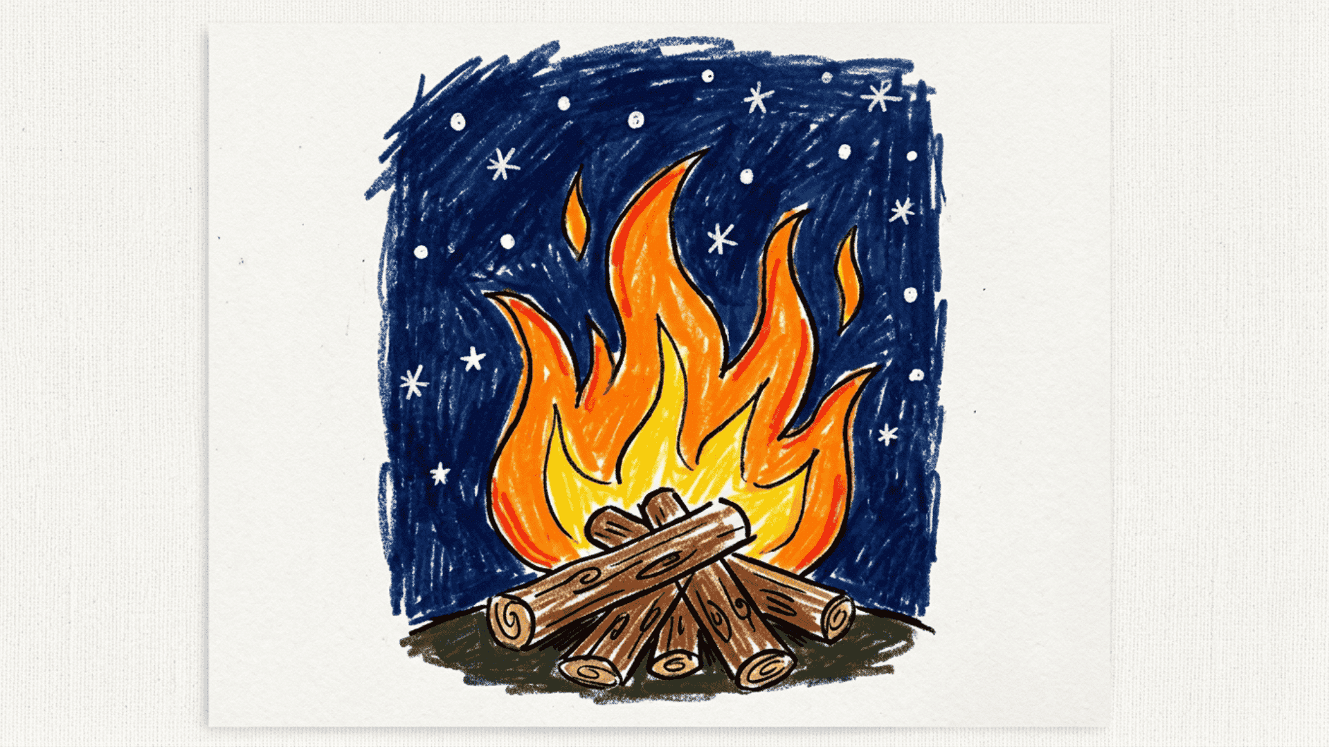 bonfire under starry sky kids drawing with bold orange and yellow flames rising from a log pile and bright white star dots painted on a white canvas