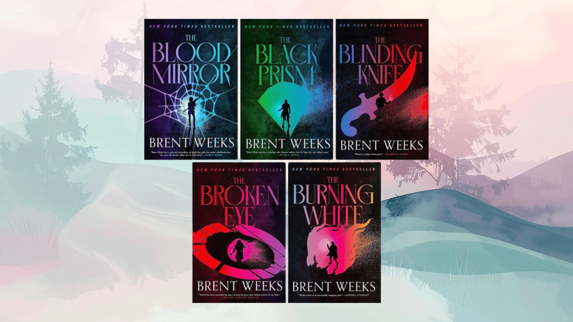brent weeks lightbringer series books displayed in row including the black prism and sequels with colorful symbols
