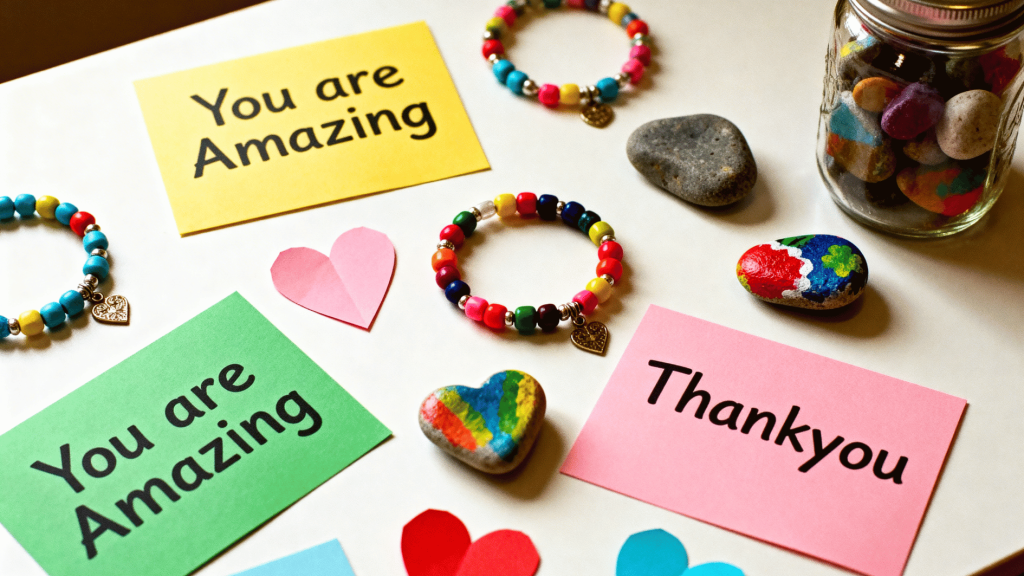 bright cards saying “you are amazing” and “thank you” with bracelets, painted rocks, and craft items
