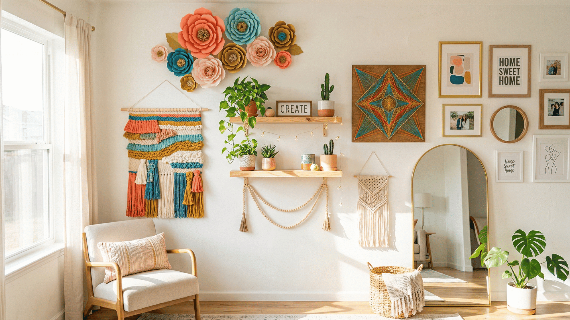 bright diy wall decor collage with shelves, yarn hangings, paper flowers, string art, gallery wall and mirror