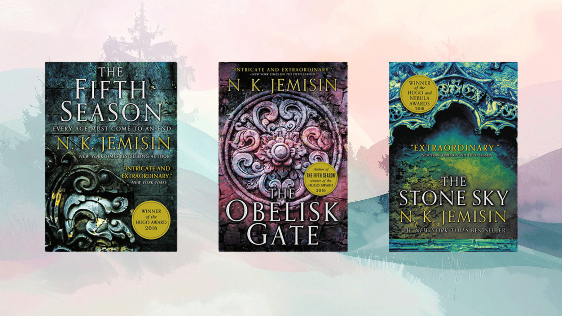 broken earth trilogy by n.k. jemisin with textured stone patterns and award seals on richly colored covers