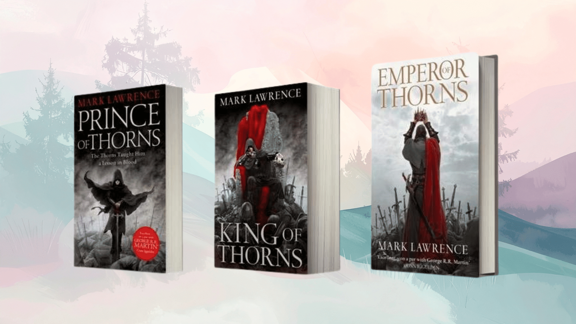 broken empire trilogy by mark lawrence showing a lone armored figure, throne imagery, and stark landscapes