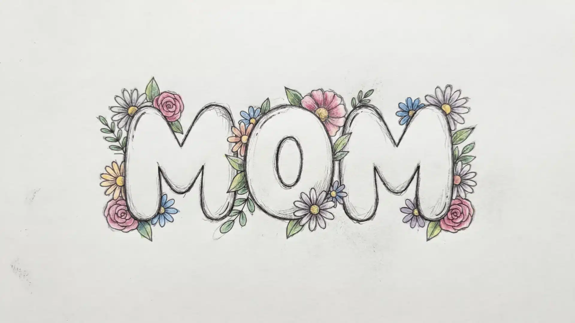 Bubble letters spelling MOM with small flowers overlapping edges