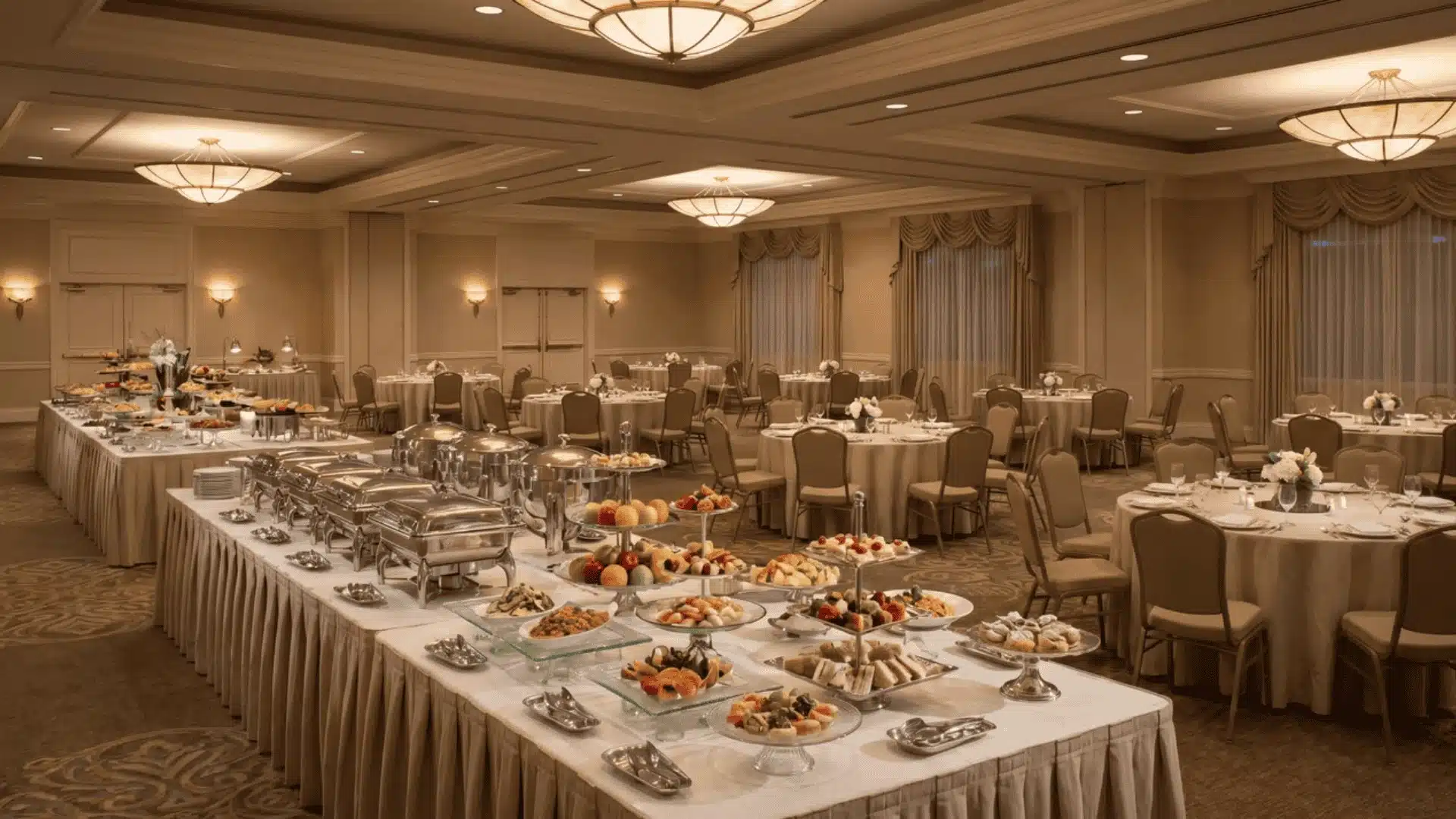 Buffet tables with multiple food trays inside a banquet hall