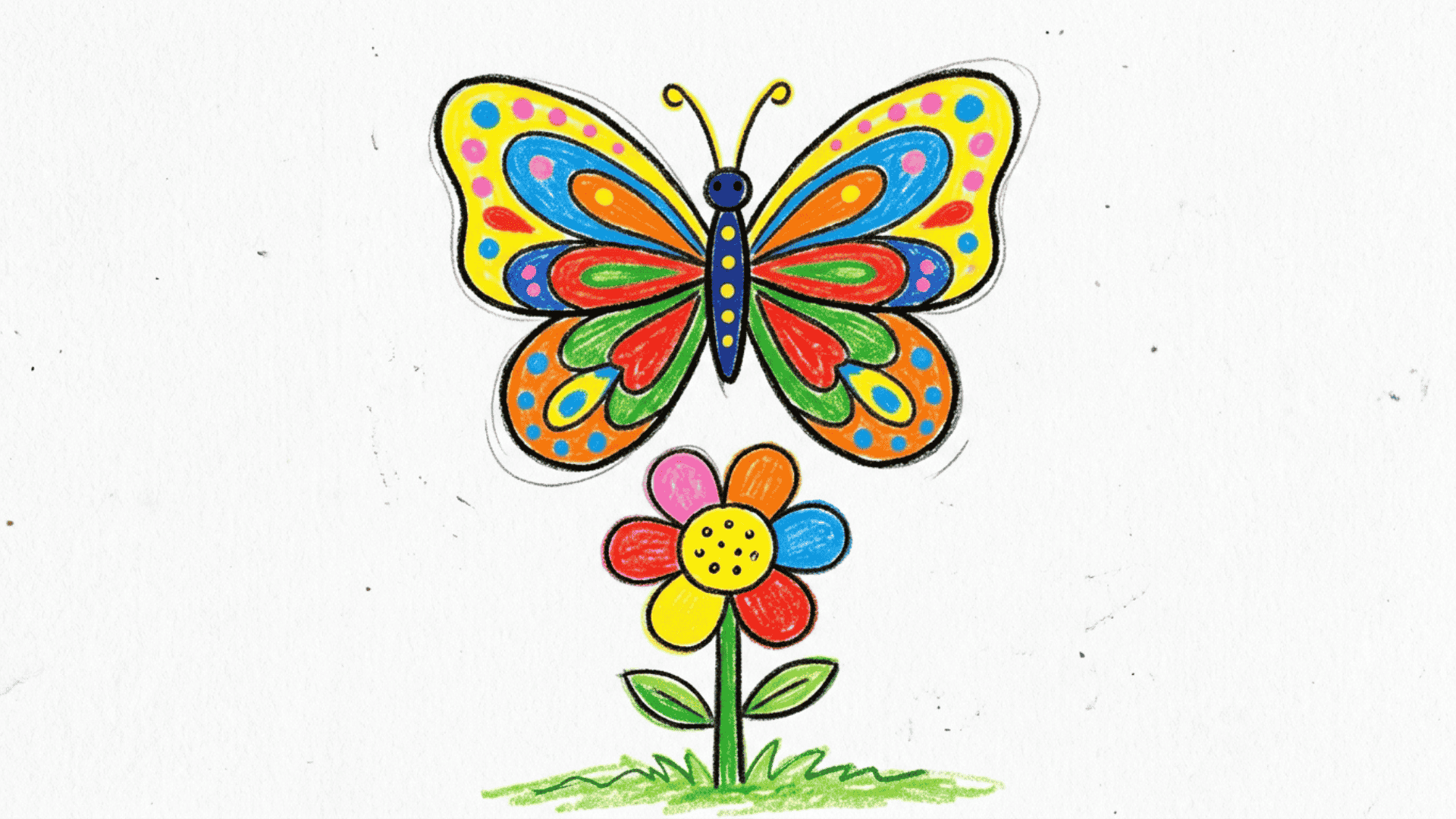 butterfly over blooming flower kids drawing with bold wings dot patterns and rounded petals painted on a white canvas for summer drawing ideas