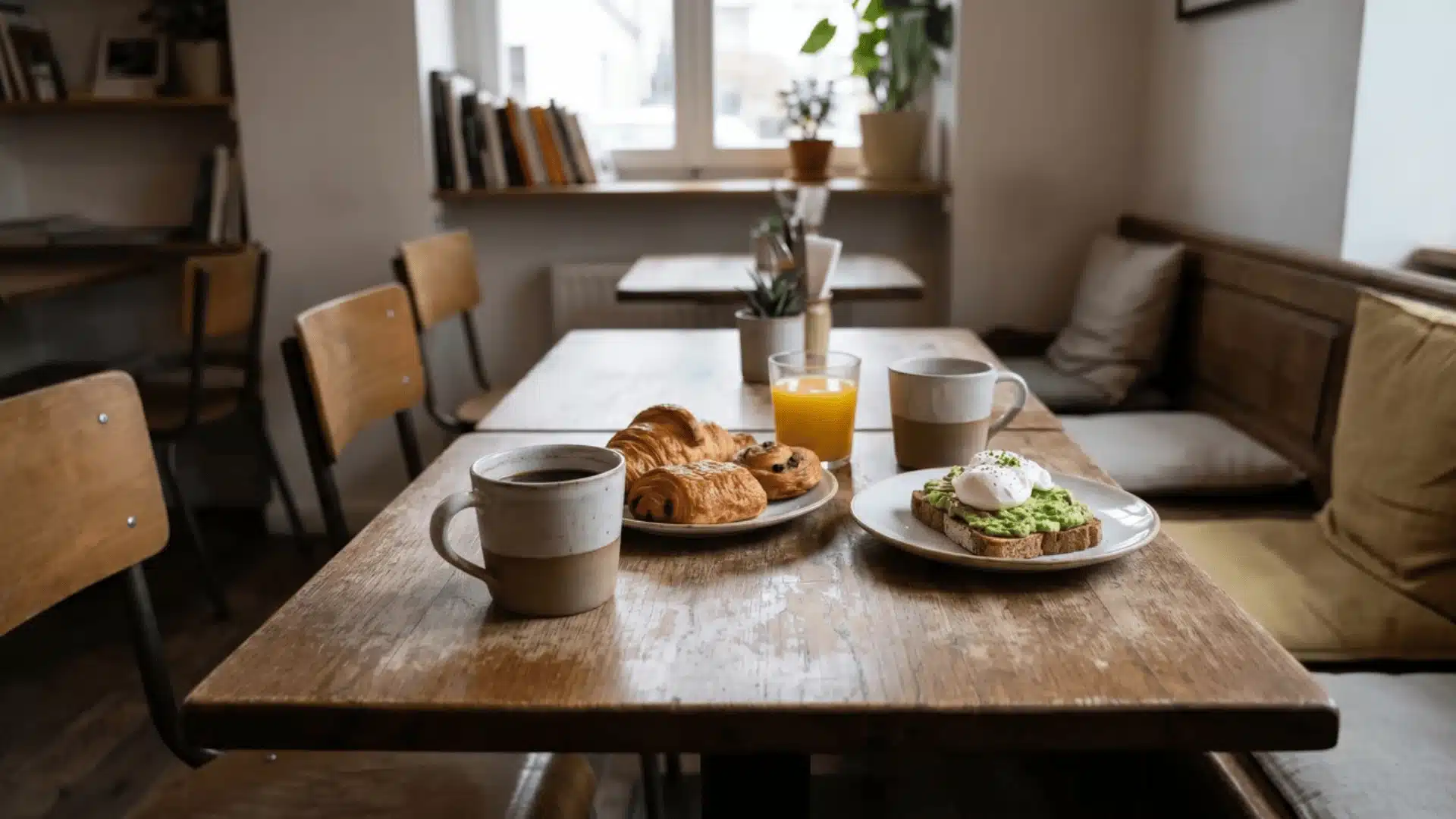 Café table with coffee cups and pastries inside a small seating area