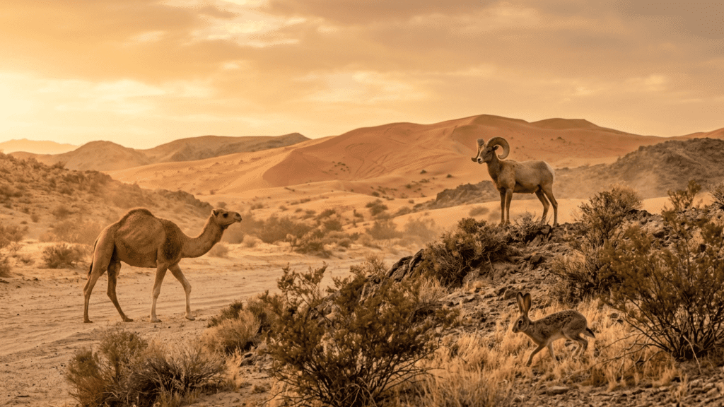 camel, desert bighorn sheep, and rabbit in sandy desert landscape at sunset