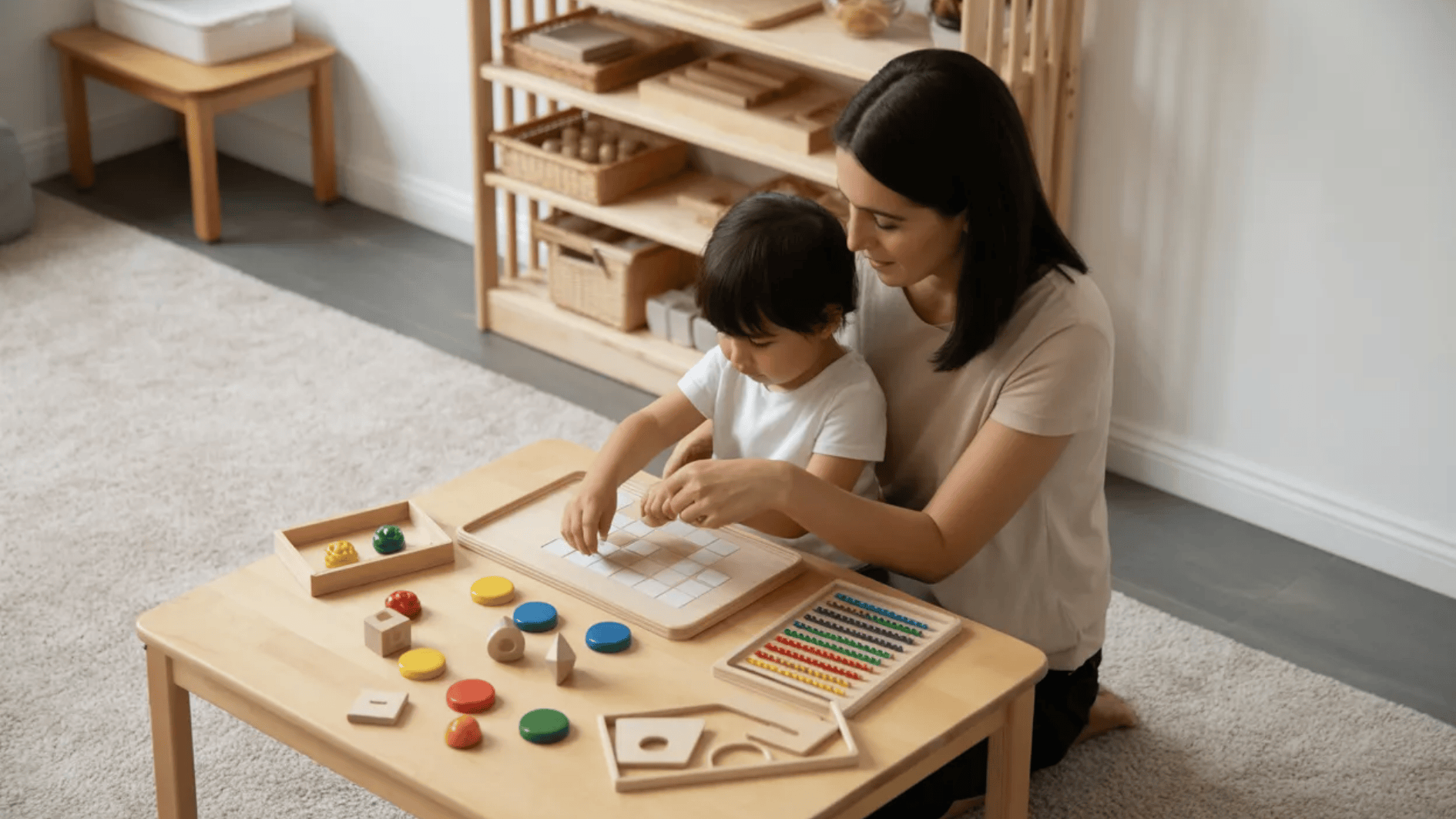 caregiver guides child using wooden learning board and colorful shapes, quiet indoor educational play scene