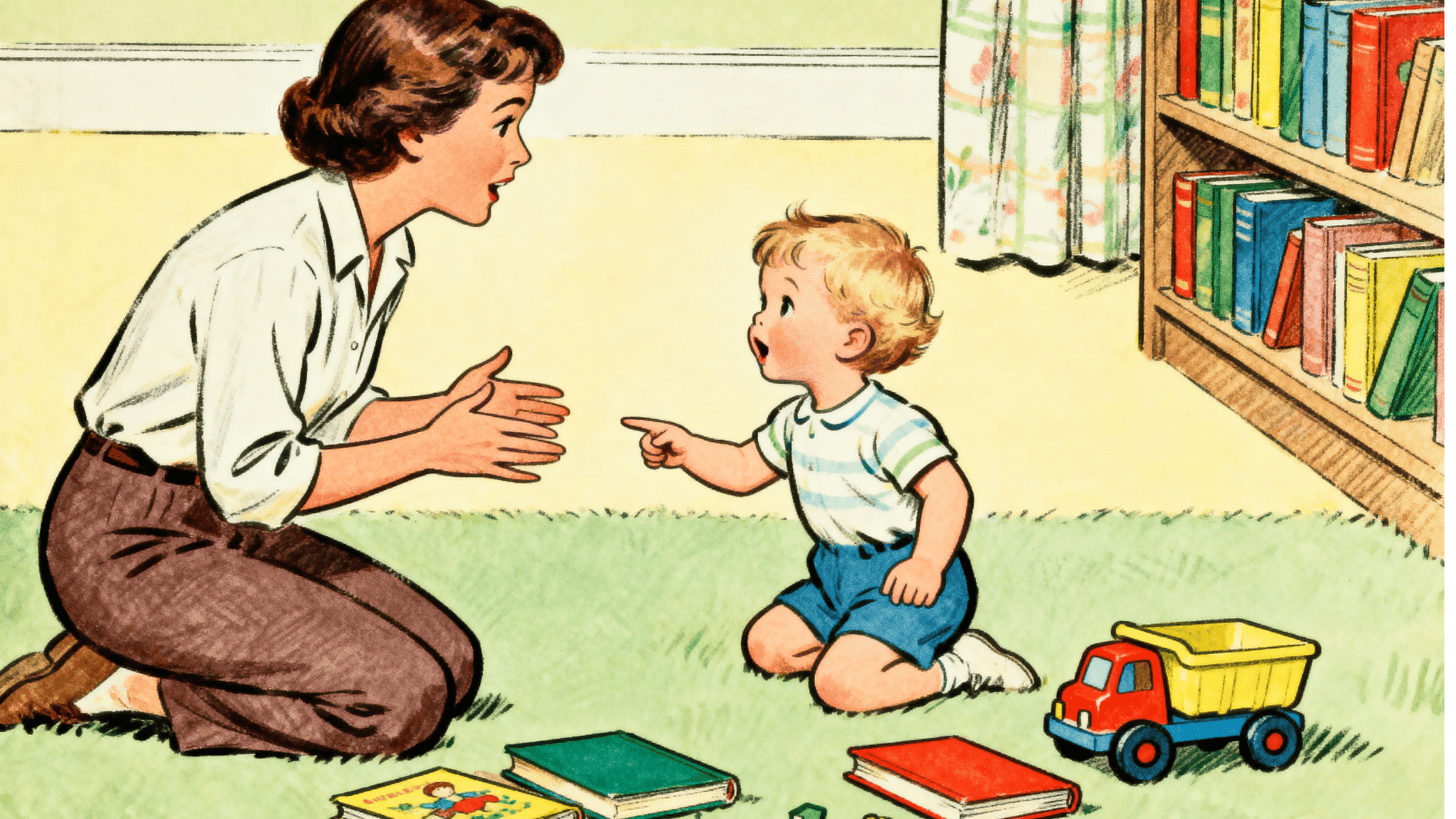 caregiver kneels and talks to toddler, guiding behavior during playtime with books and toys on the floor