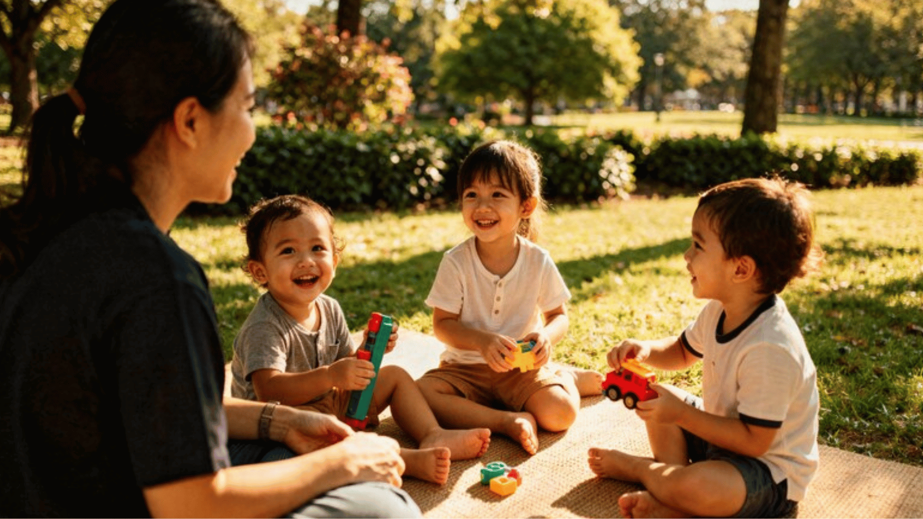 caregiver playing with toddlers outdoors using toys on a mat in a sunny park, supporting early childhood development and bonding