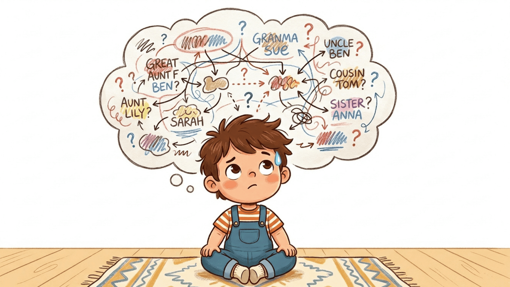 cartoon child sitting on floor thinking about family relationships with names and question marks