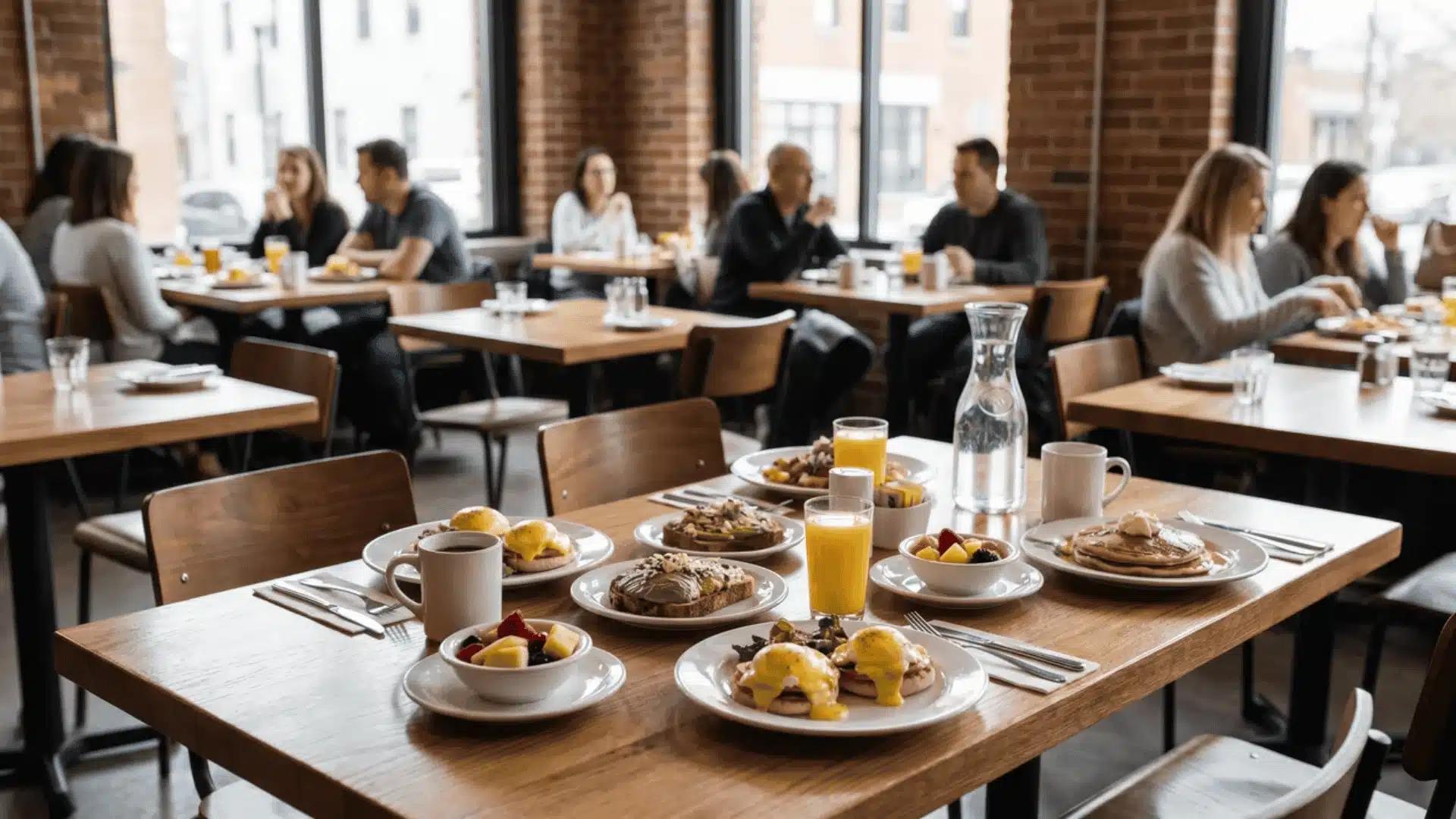 Casual restaurant table with brunch dishes and drinks in a dining area