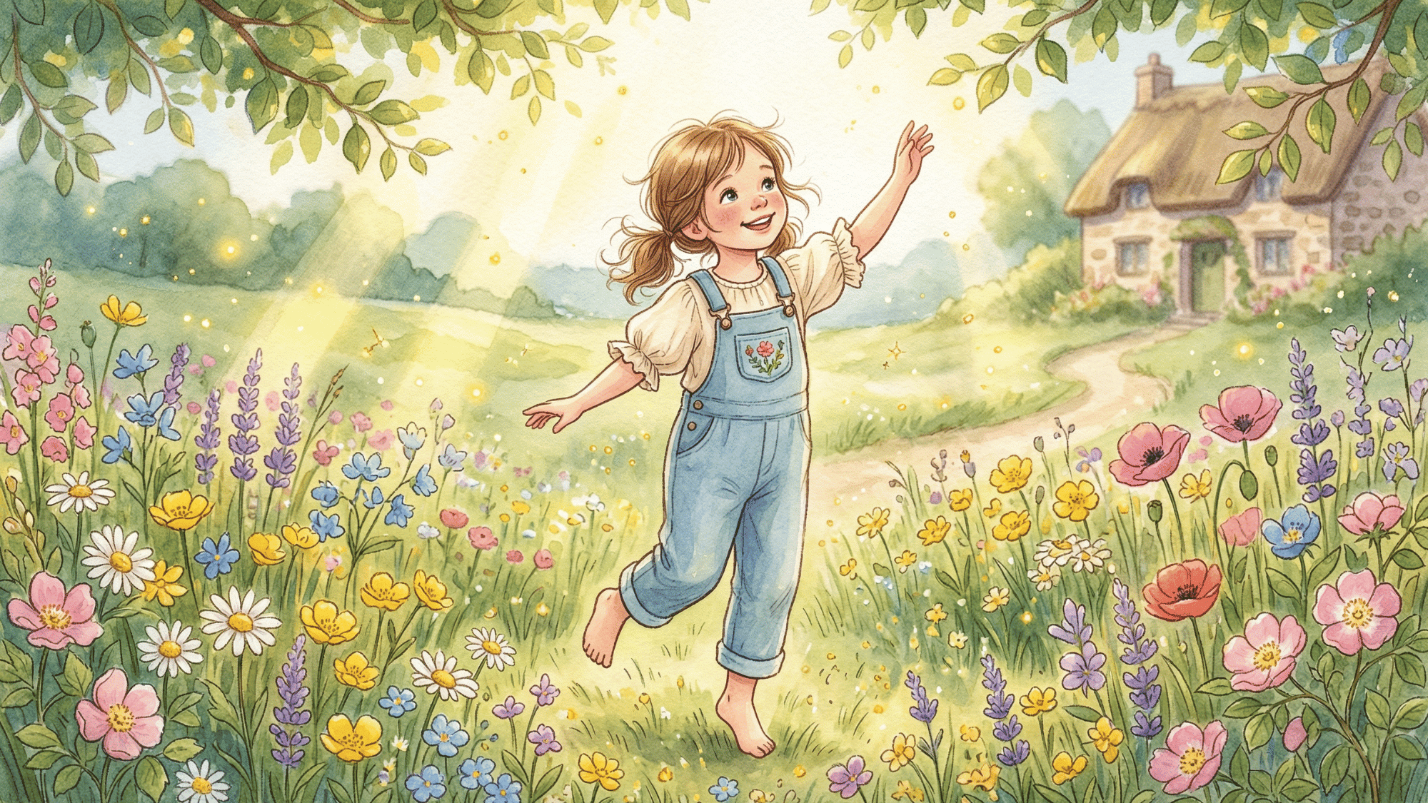 cheerful child laughing in a sunny garden with butterflies and soft golden light, cozy and warm illustration