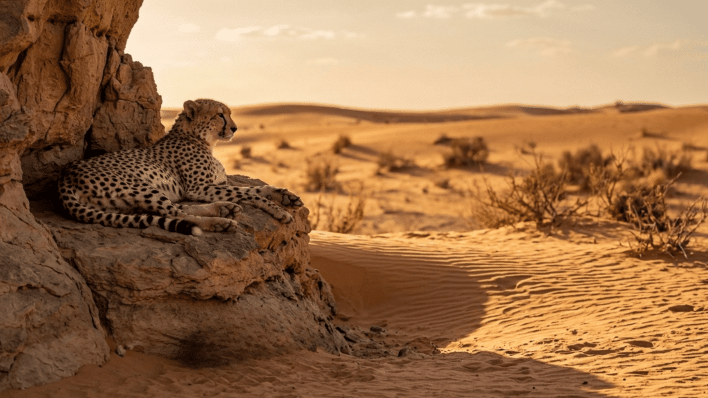 cheetah resting on rock overlooking sandy desert landscape at sunset
