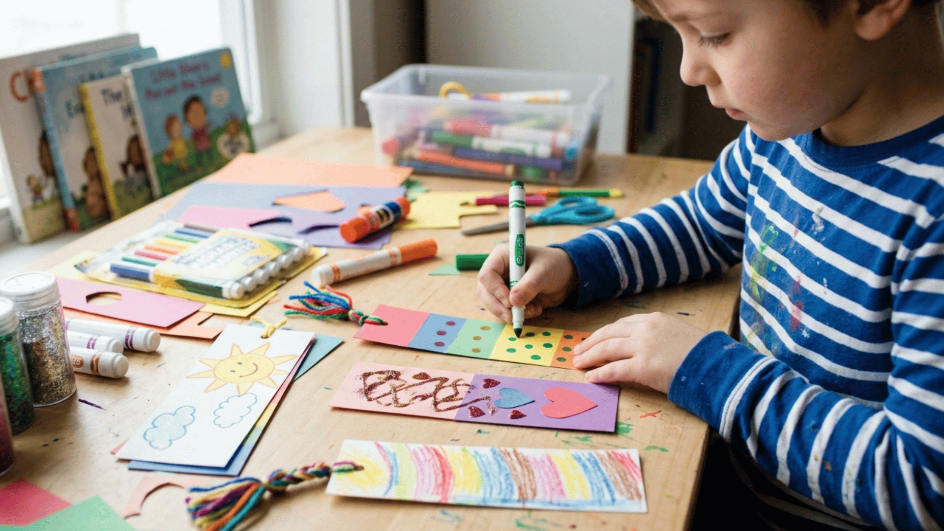 child decorating DIY bookmarks with colors, stickers, and patterns.
