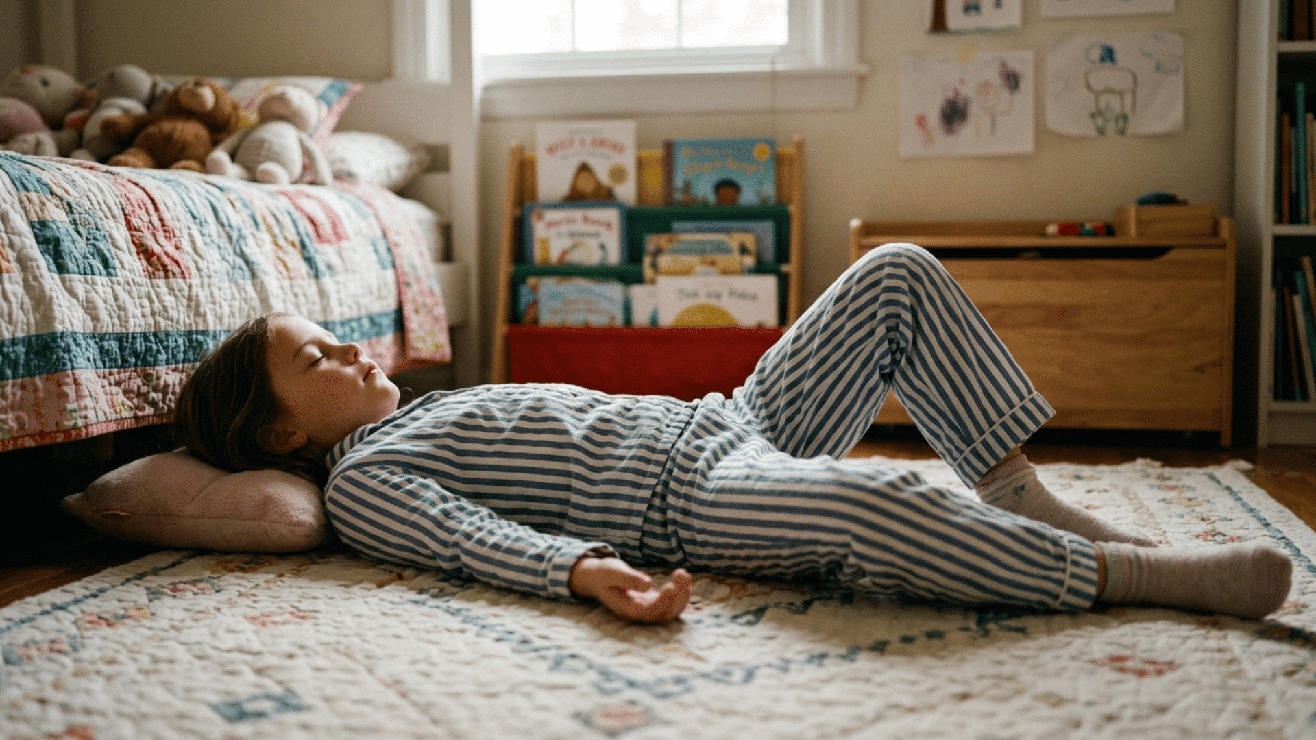 child doing body scan relaxation exercise lying on floor.