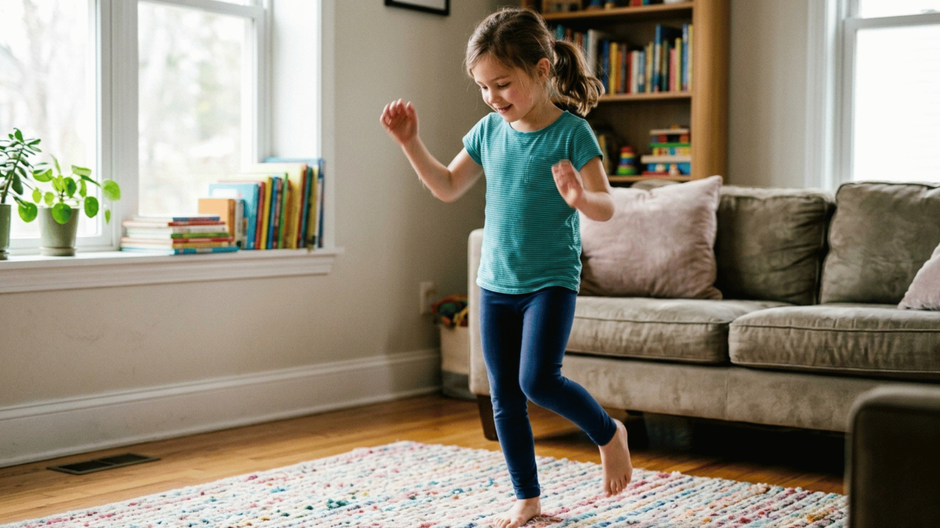 child doing simple stretching grounding exercise at home.