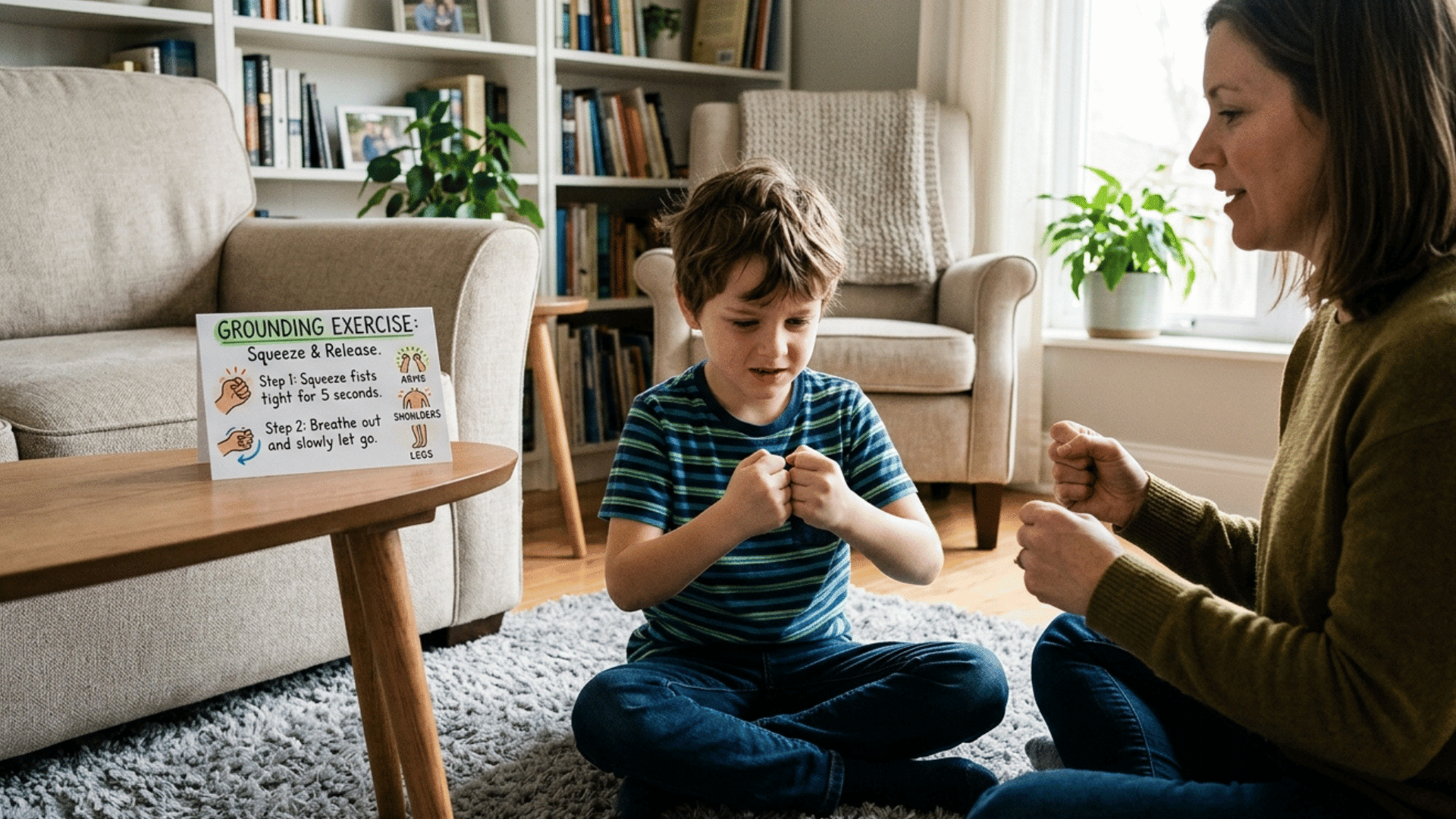 child doing squeeze and release grounding exercise with parent.