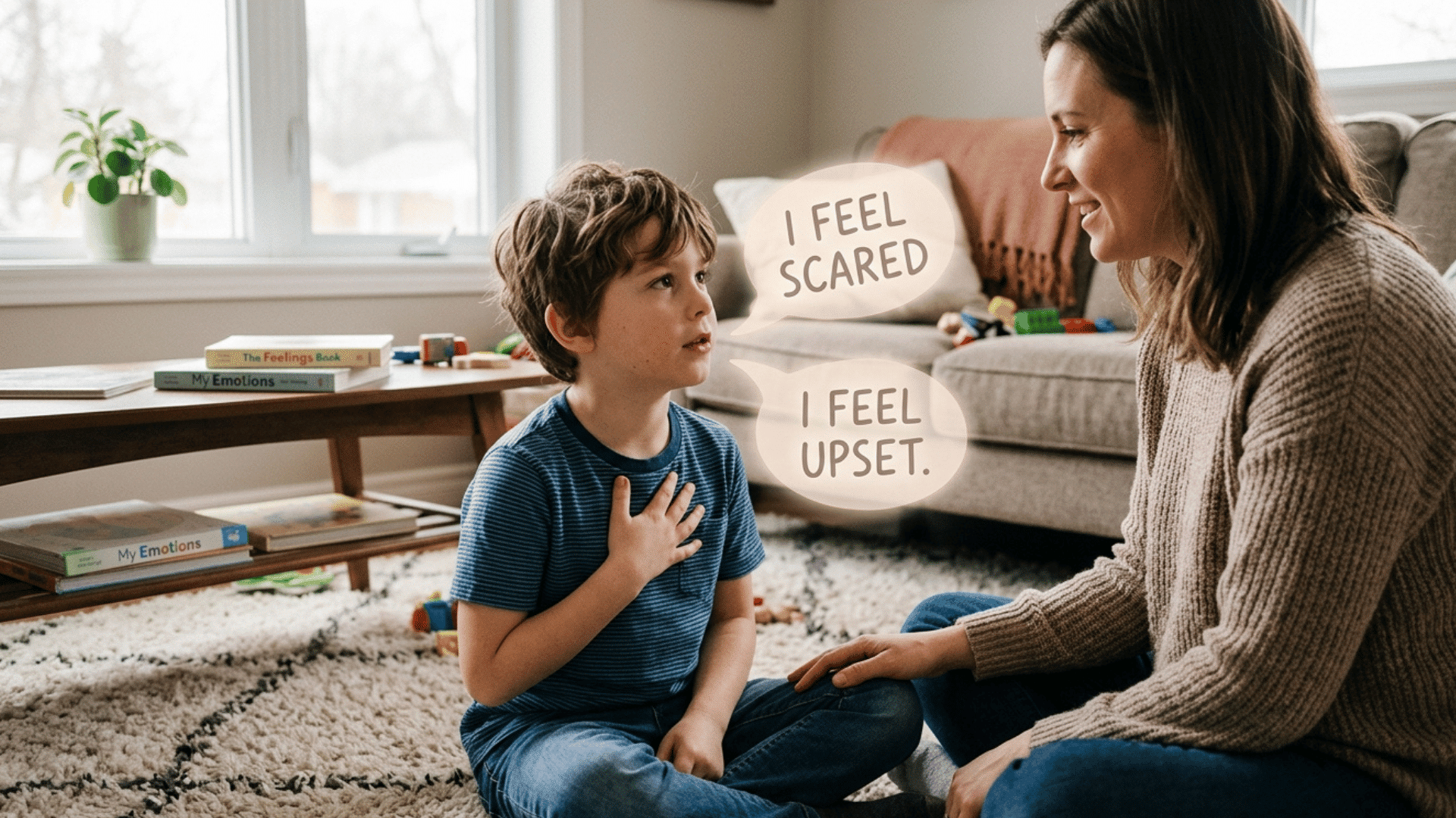 child expressing emotions by saying feelings out loud with caregiver.