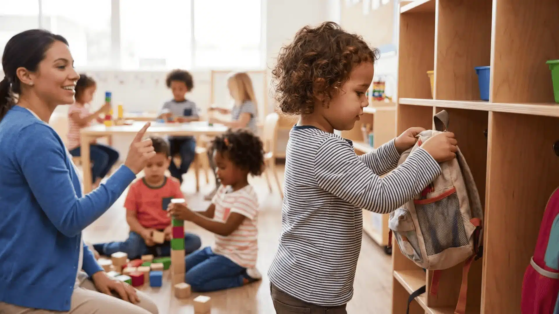child placing a bag in a cubby while teacher stands nearby
