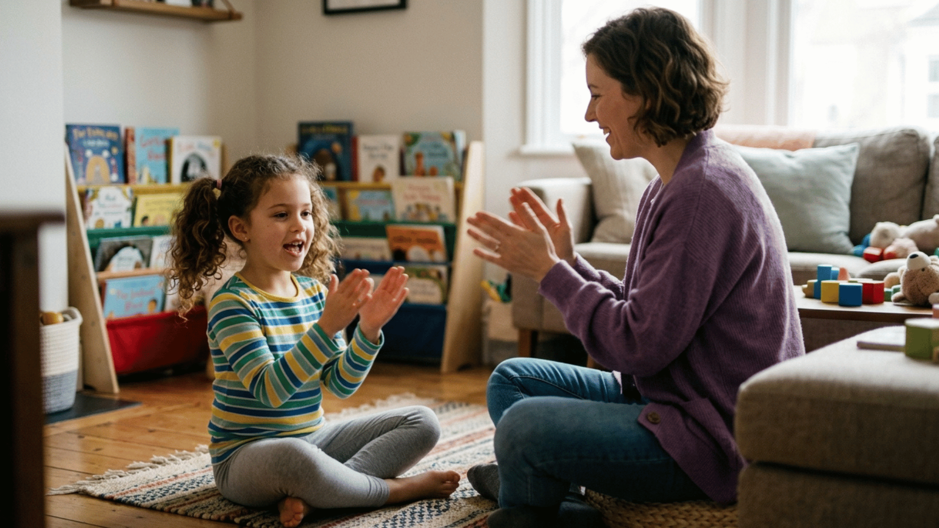 child playing clapping rhythm game with caregiver.