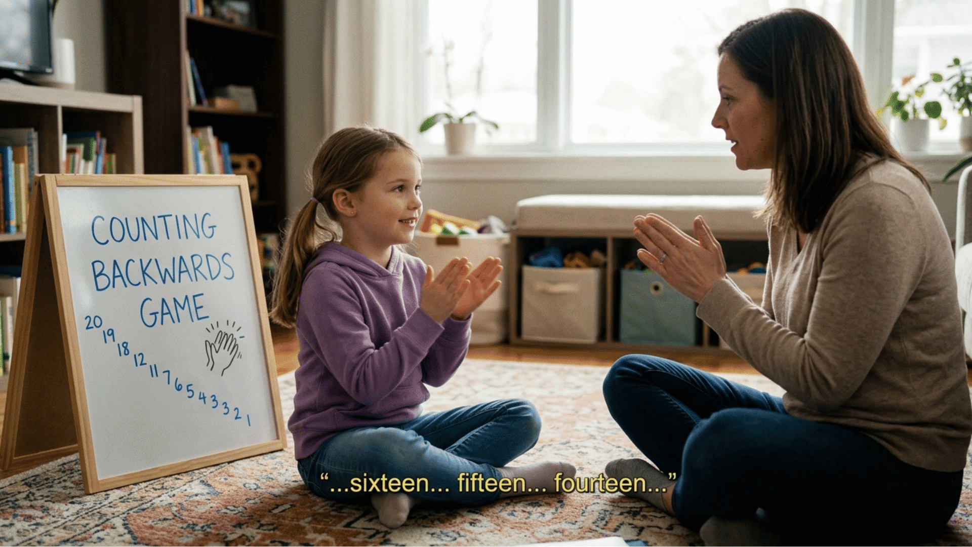 child playing counting backwards grounding game with parent