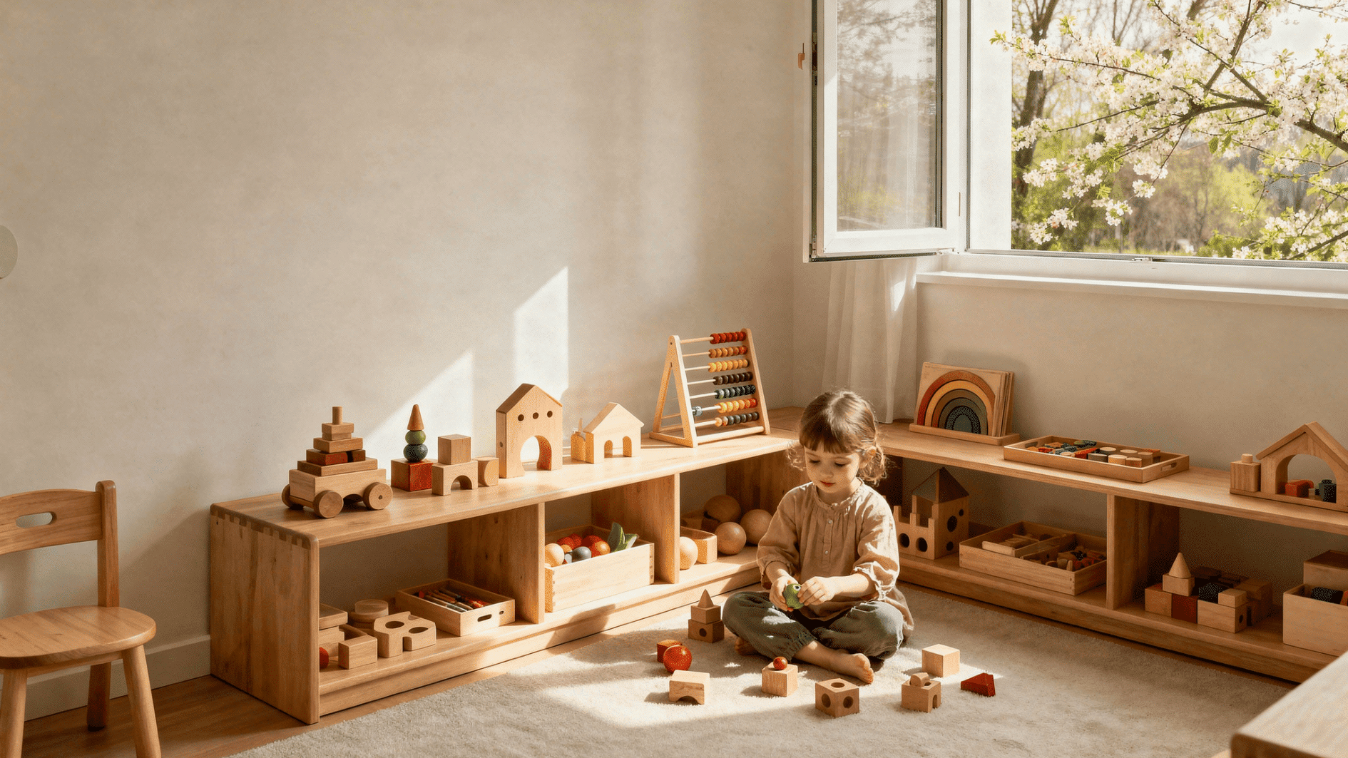 child plays with wooden toys in a sunlit, minimalist playroom, shelves neatly arranged with blocks and learning tools