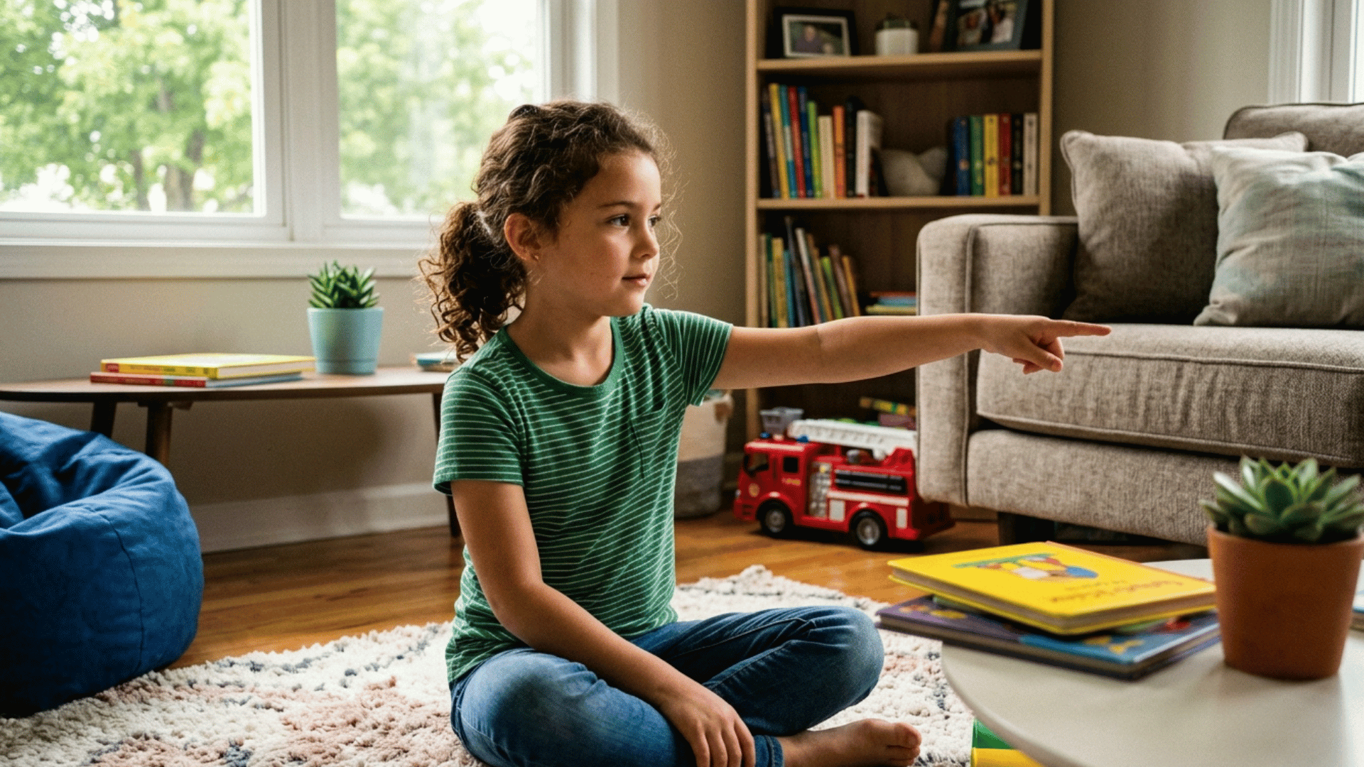 child pointing to objects for grounding awareness exercise.