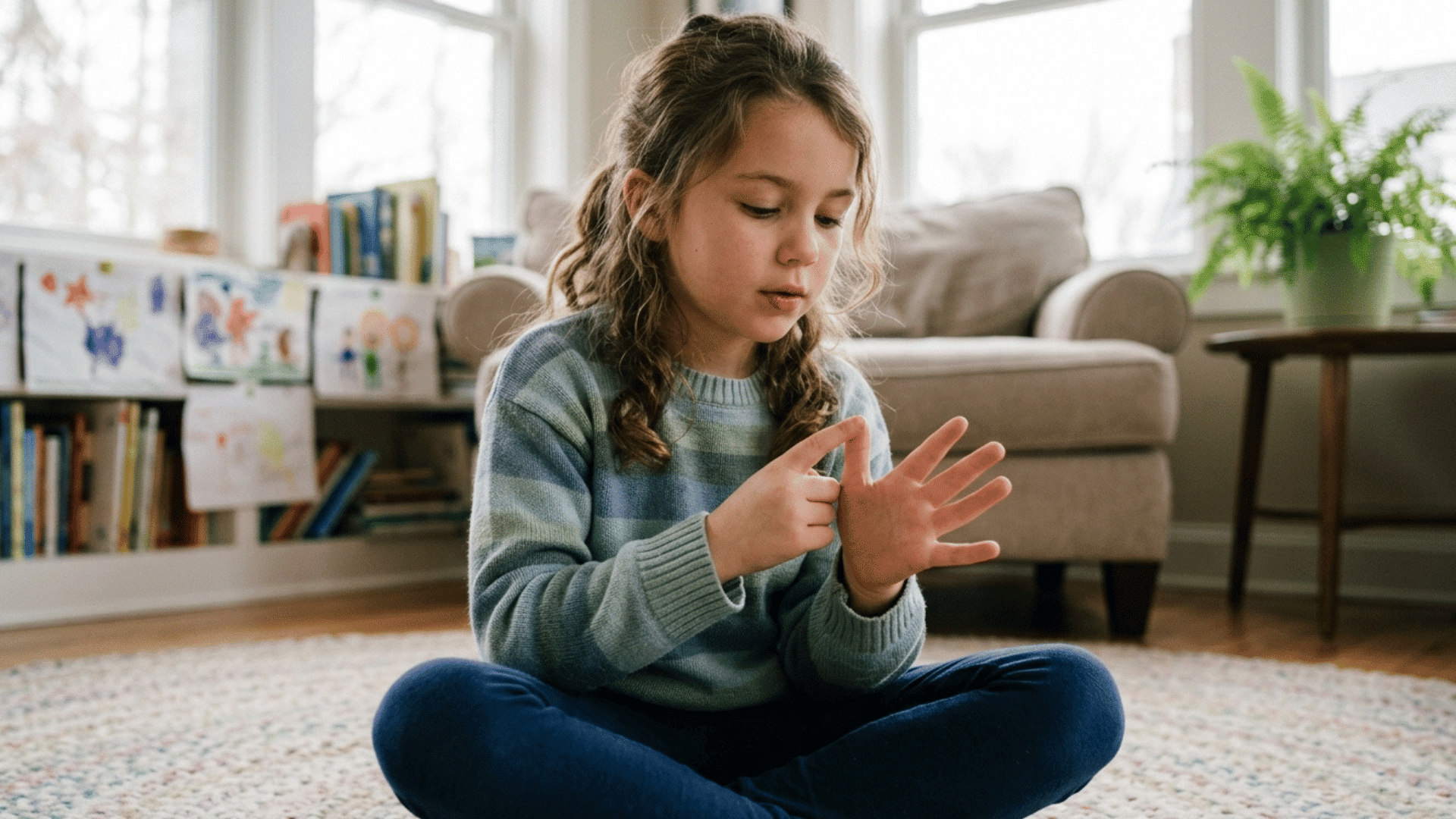 child practicing finger tracing breathing technique for calming.