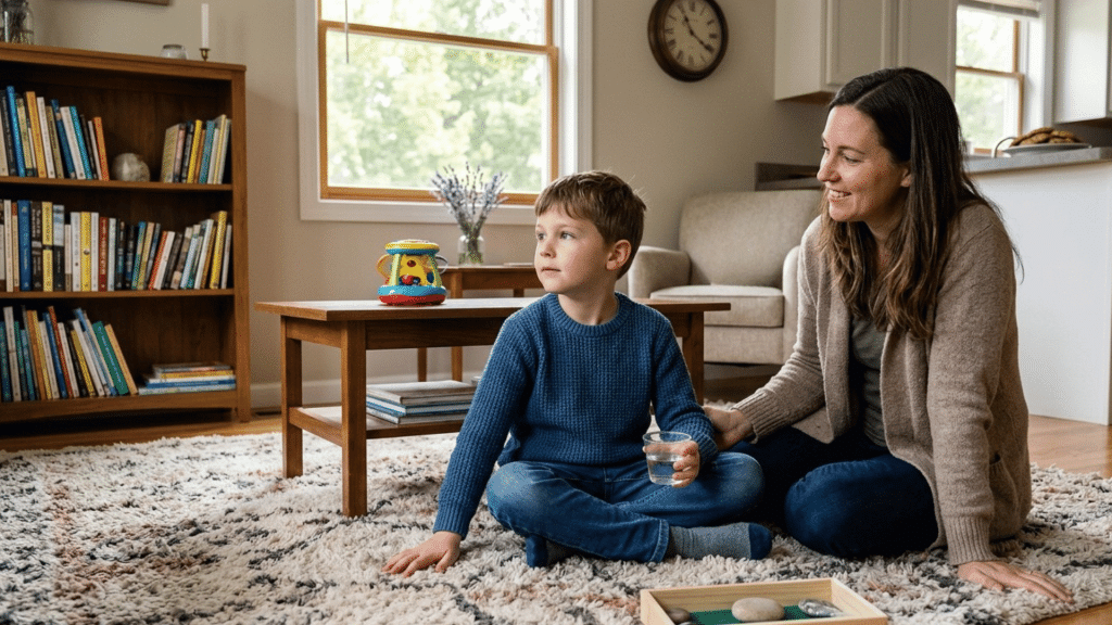 child practicing grounding with caregiver using sensory activity at home. (1)