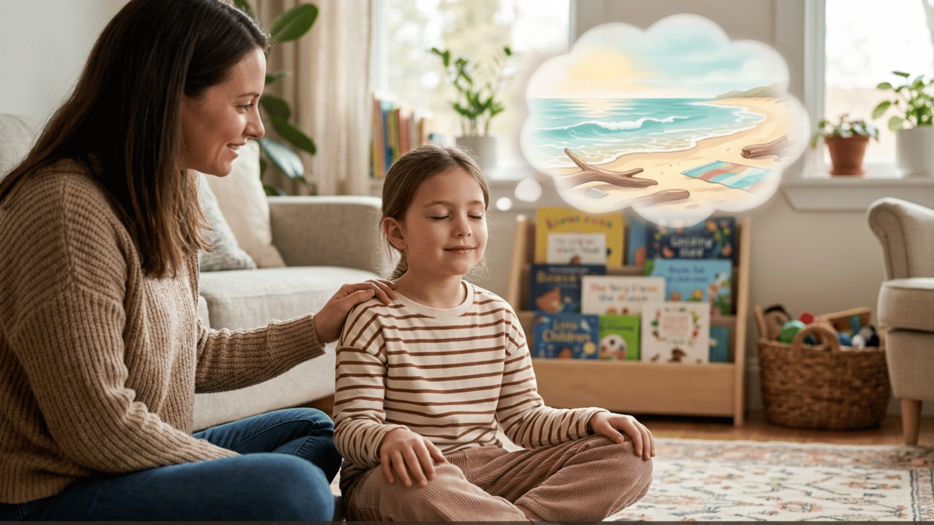 child practicing safe place visualization with parent guidance.