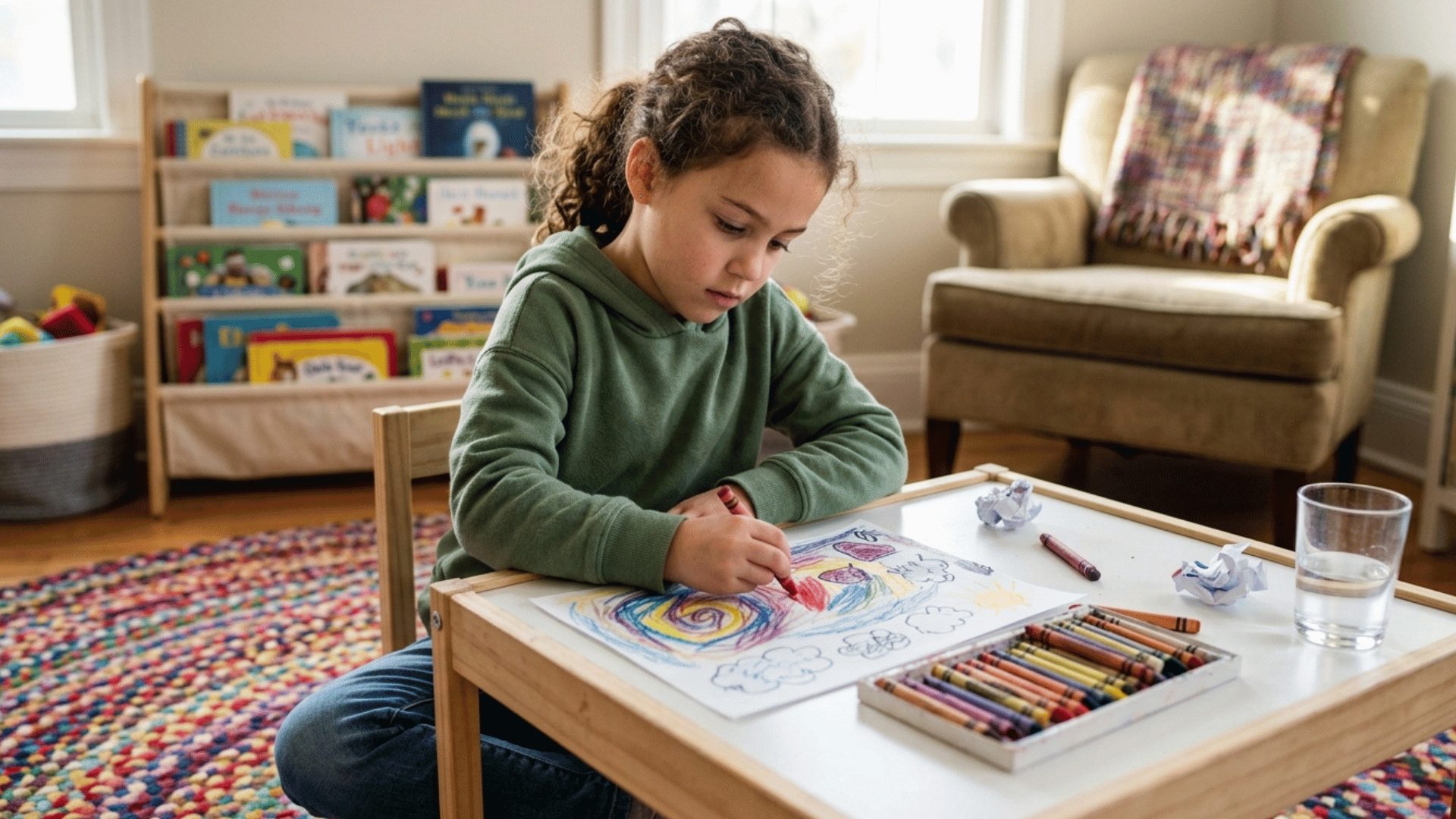 child repeating drawing emotions as part of grounding activity.