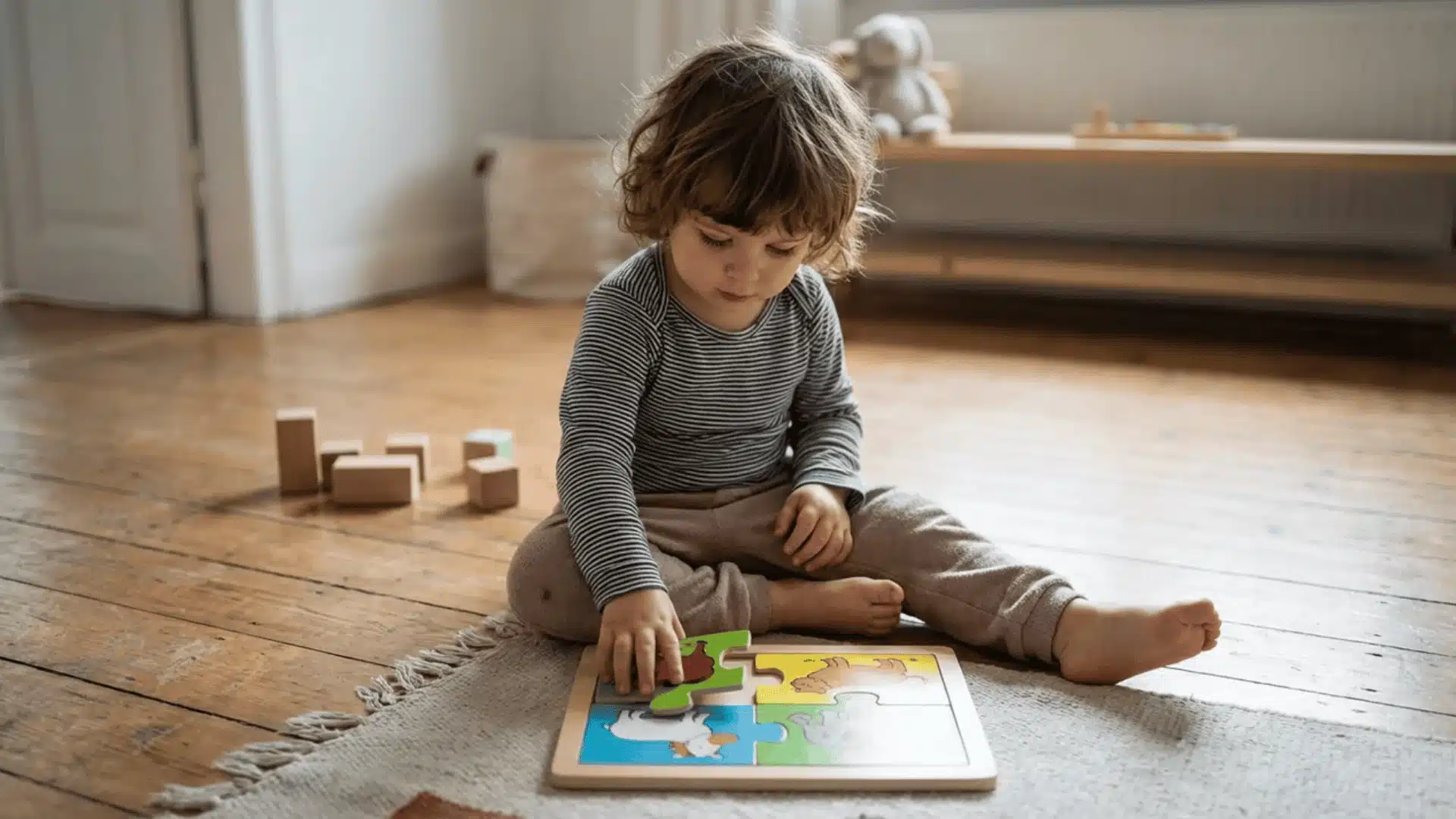 child sitting on floor working on a simple puzzle